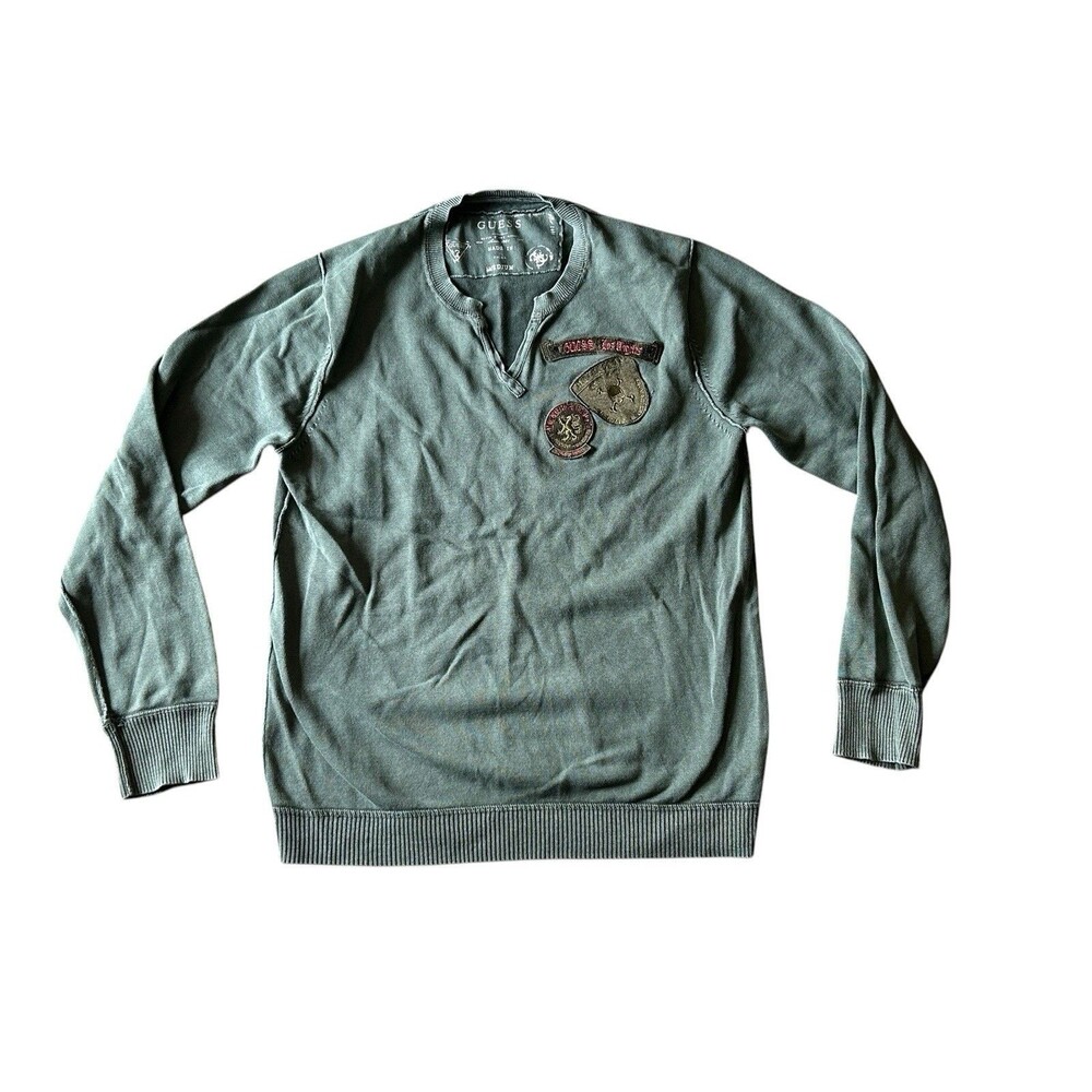 Women's Guess Green Sweatshirt Pullover Long Sleeve Cotton Logo Patches Sz M
